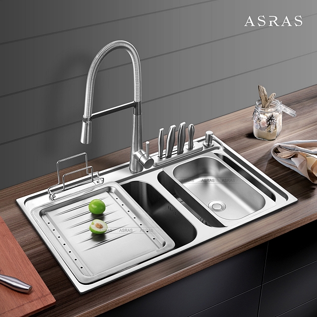 Chậu rửa bát hai hố chất liệu inox SUS304 kèm vòi rửa có dây kéo và khay dao VNM-ARAS-6686