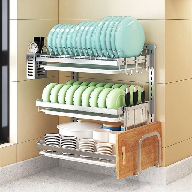 Giá treo bát đĩa có khay thoát nước gắn tường nhà bếp chất liệu inox304 VNM-2525