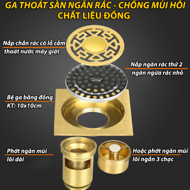 Ga thoát sàn ngăn mùi hôi, chống trào ngược, chặn côn trùng chất liệu đồng VNM-MUX-11221 
