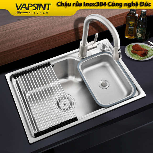Chậu rửa bát 1 hố Inox304 kèm vòi kéo dài đa năng VNM-VSJ6845