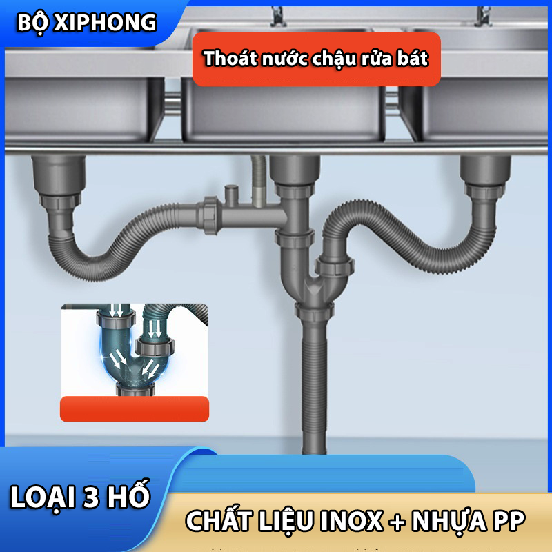 Bộ xiphong thoát nước chậu rửa bát loại 3 hố VNM-3425