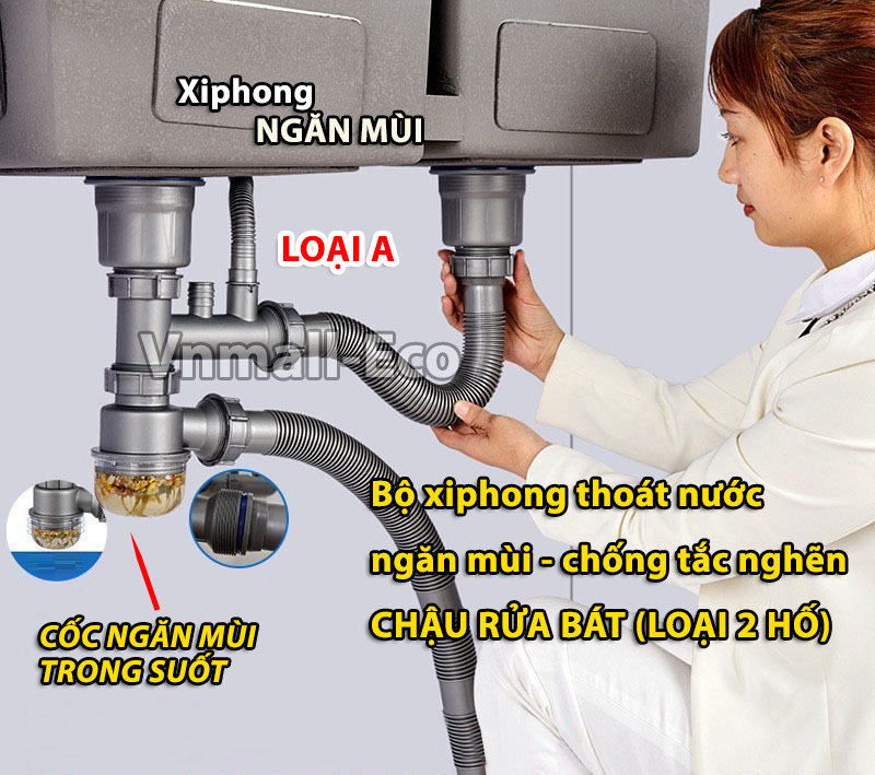 Bộ xiphong thoát nước ngăn mùi chống tắc nghẽn bồn rửa bát