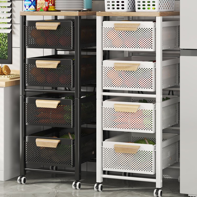 Kệ rổ đựng rau củ quả trái cây thực phẩm nhà bếp có bánh xe di động chất liệu thép carbon ốp gỗ VNM-4425